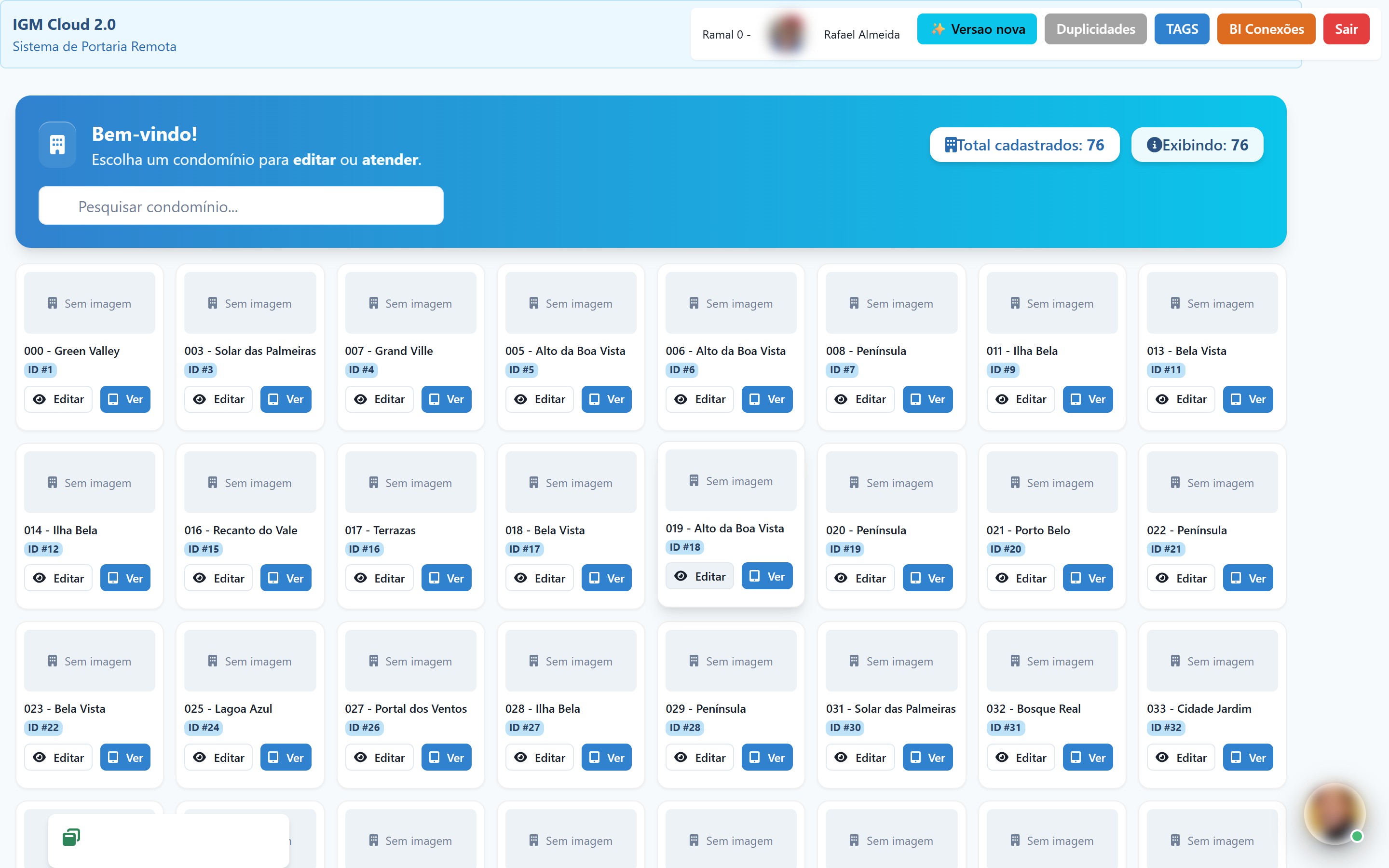 Console Gestor Cloud da IGM com a lista de condomínios